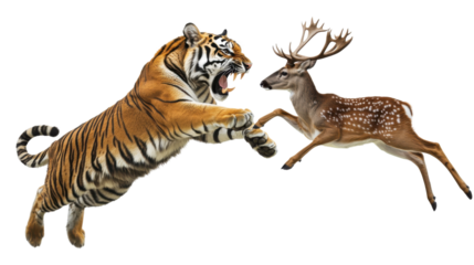 A tiger pouncing on a deer, with its muscles tensed and mouth wide open, in a dynamic, action-packed pose, isolated on a transparent background.