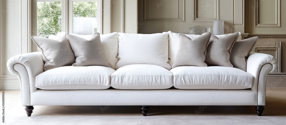 Poster elegant white sofa adorned with plush beige cushions centered in a modern living room setting featur