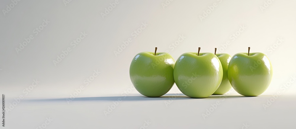 Poster Fresh vibrant green apples arranged in a row on a clean white background creating a striking contrast emphasizing their glossy texture and color.