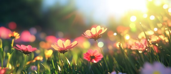 Fototapeta premium Colorful wildflowers in soft focus on a vibrant green meadow during golden hour with gentle sunlight and bokeh effect in the background.