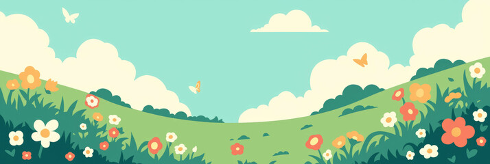 Colorful wildflower hills with butterflies creating a vibrant nature backdrop