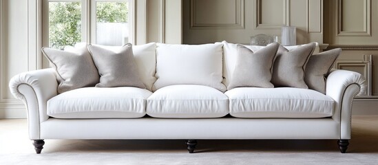 Elegant white sofa adorned with plush beige cushions centered in a modern living room setting featuring soft natural light and neutral tones.