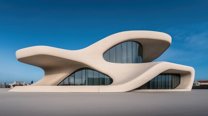 Innovative architecture design showcasing flowing shapes amidst a clear blue sky in a modern urban environment