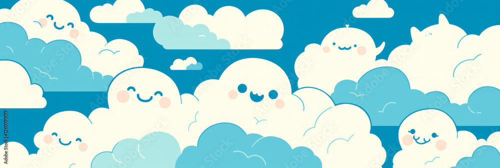 Poster cute animal-shaped clouds float in a bright blue sky, creating a whimsical backdrop