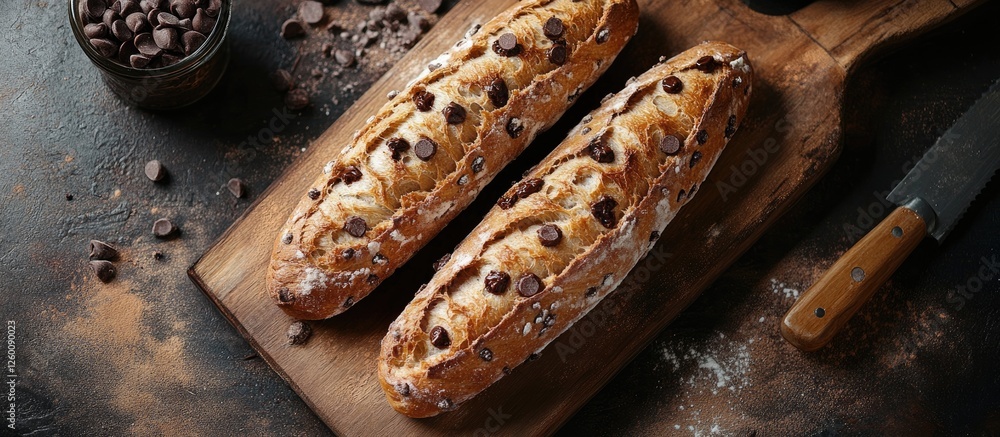 Aufkleber aerial view of a chocolate chip baguette on a dark wooden cutting board with scattered coffee beans 