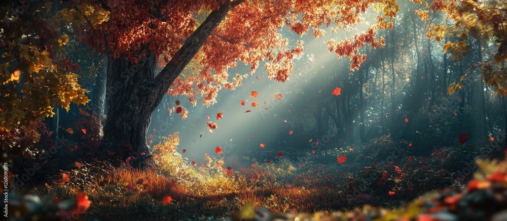 Leinwandbilder vibrant autumn forest scene with sun rays filtering through colorful leaves and tree branches creati