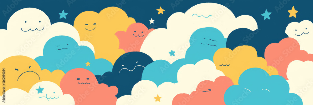 Poster Stylized clouds in various shapes and colors floating in a cheerful sky background