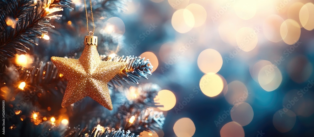 Poster golden star ornament hanging on a blue christmas tree with soft bokeh lights creating a festive, war