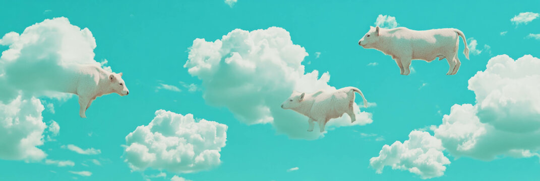 Cute clouds take shape as playful animals under a bright blue sky