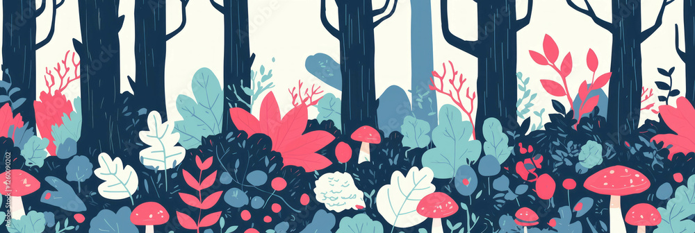 Poster Cute stylized forest with colorful mushrooms and varied trees for enchanting background design