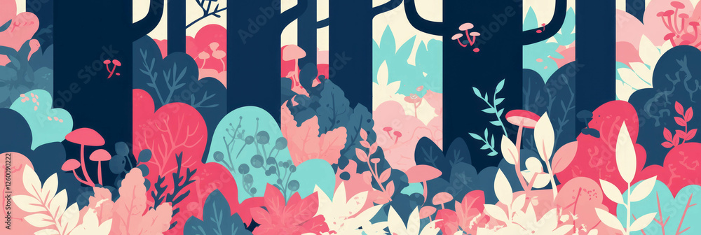Poster charming stylized forest with playful trees and vibrant mushrooms for creative banner design