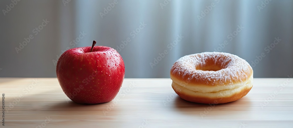 Poster red apple and glazed donut on light wooden table with soft natural light in the background highlight