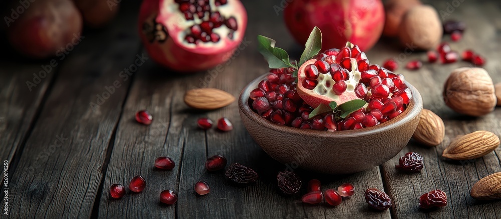 Poster bowls filled with pomegranate seeds almonds walnuts on dark wooden table with scattered fruits and n