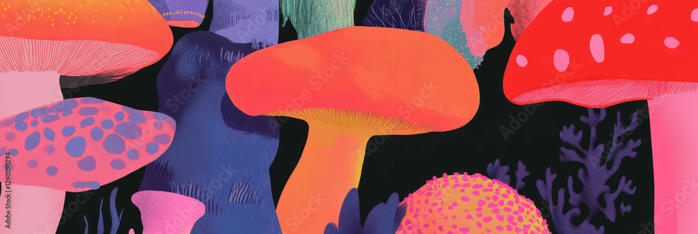 Poster Stylized forest background featuring colorful mushrooms and diverse trees in a whimsical setting