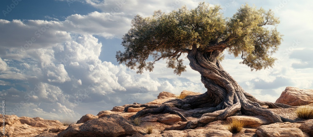 Poster majestic ancient tree with twisted trunk standing on rocky terrain under a blue sky with fluffy whit