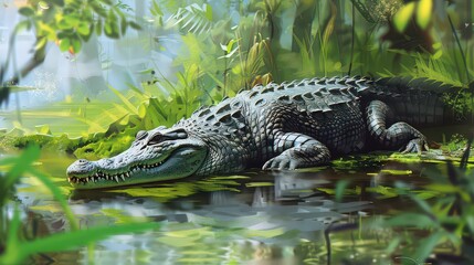 Fototapeta premium A crocodile lying motionless on a riverbank, blending with its surroundings, with a blurred background of river plants and water. 