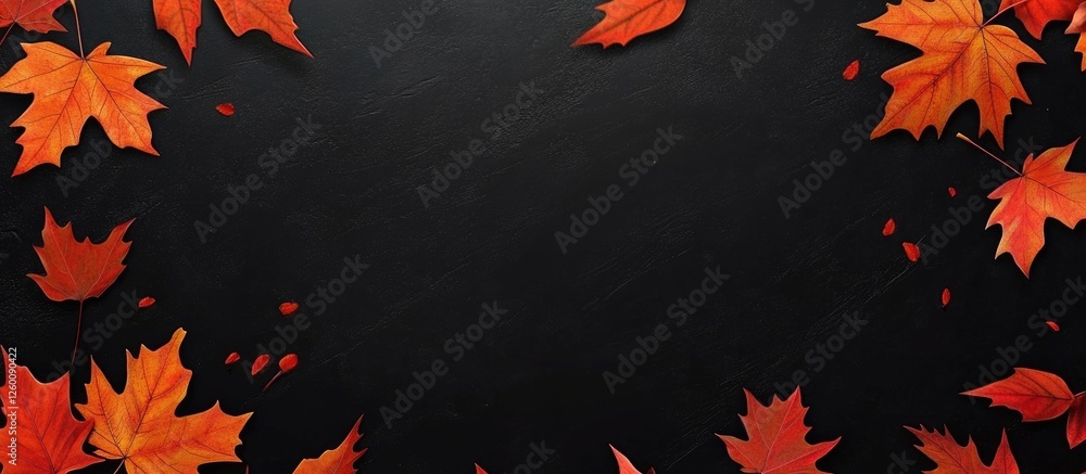 Poster autumn scene featuring vibrant orange and red maple leaves scattered around a dark textured backgrou