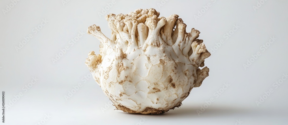 Poster Celeriac displayed against a soft white background emphasizes its textured and irregular surface with earthy tones and natural shapes prominently featured.