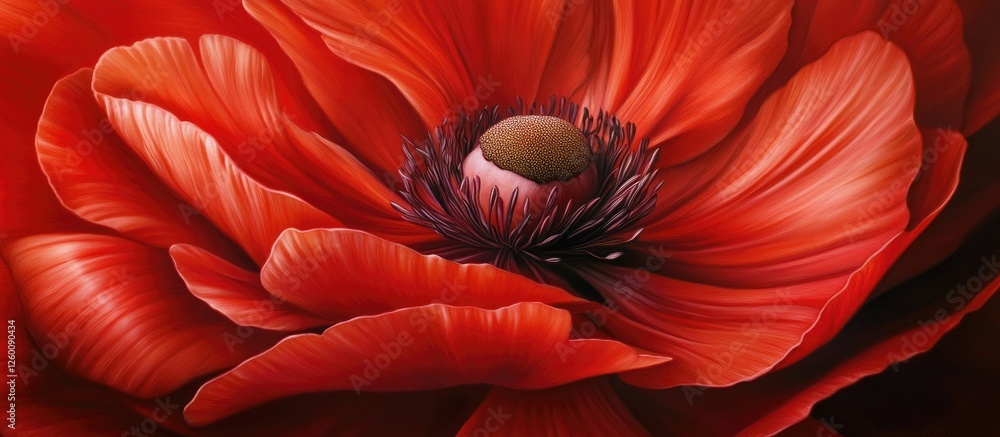 Poster vibrant red flower close-up with soft petal layers and contrasting dark center, emphasizing rich col