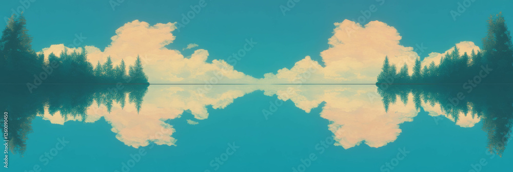 Poster stylized lakes reflecting soft clouds and trees in a serene landscape setting