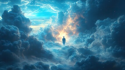 facing my faith 3d illustration of a man standing in the middle of the clouds
