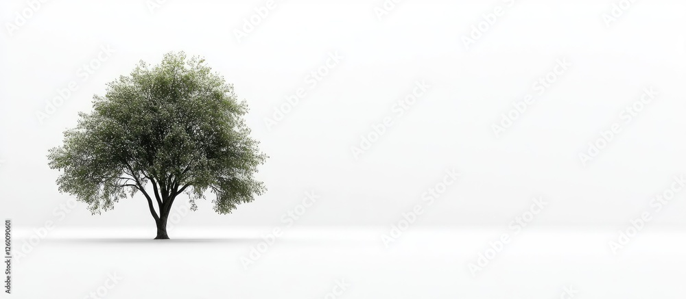 Poster lone green tree on white background slightly right of center with soft shadows creating a serene and