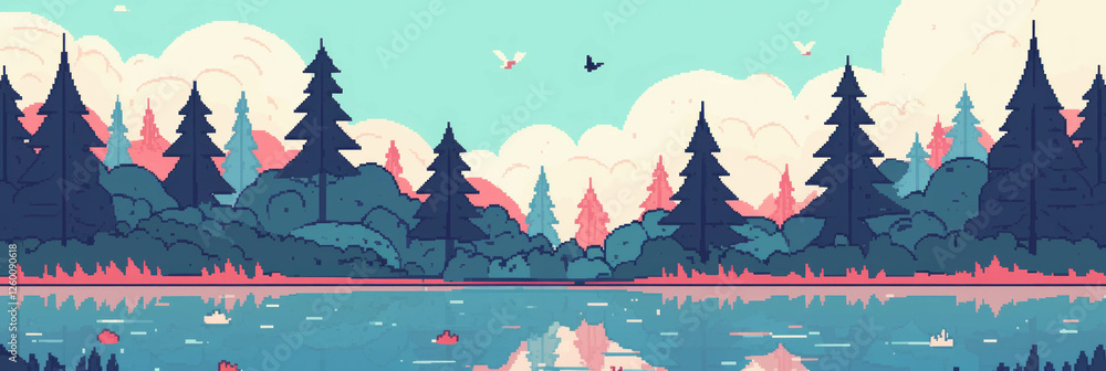 Aufkleber stylized lakes with vibrant reflections of trees and clouds in a pixel art landscape