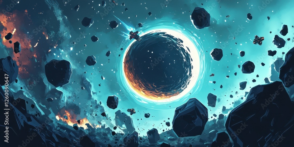 Aufkleber spaceship approaches a glowing planet surrounded by floating rocks