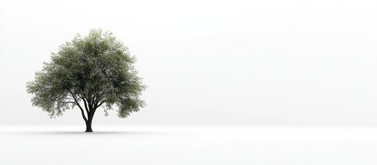 Obraz premium Lone green tree on white background slightly right of center with soft shadows creating a serene and minimalistic atmosphere.