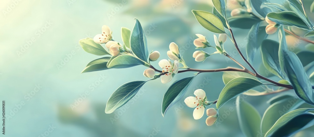 Poster delicate tree branch with soft white flowers and vibrant green leaves positioned on the right side a