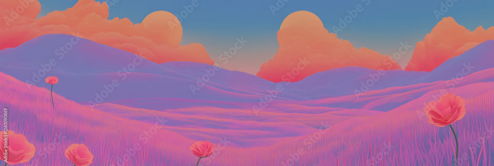 Poster cute stylized landscape with bright colors and varied elements in a dreamy setting