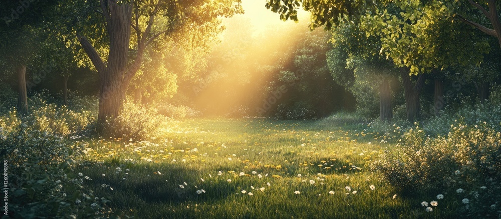 Poster serene sunlit forest clearing with vibrant green trees and golden rays filtering through, adorned wi