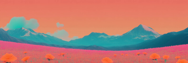 Bright stylized landscape featuring vibrant flowers and mountains under a pastel sky
