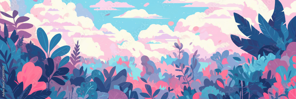 Poster vibrant stylized landscape filled with colorful flora and soft clouds in a serene atmosphere