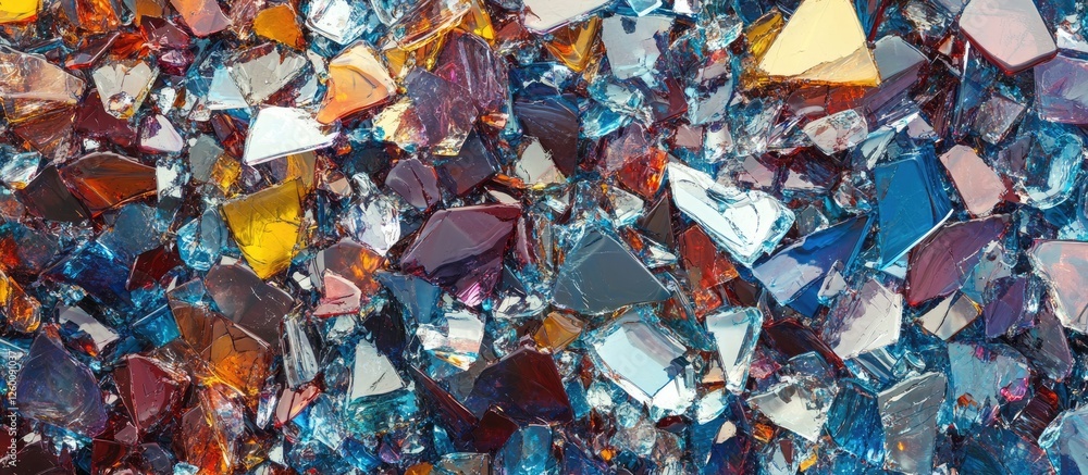Poster vibrant shards of blue, orange, and clear glass scattered chaotically across a surface, creating an 
