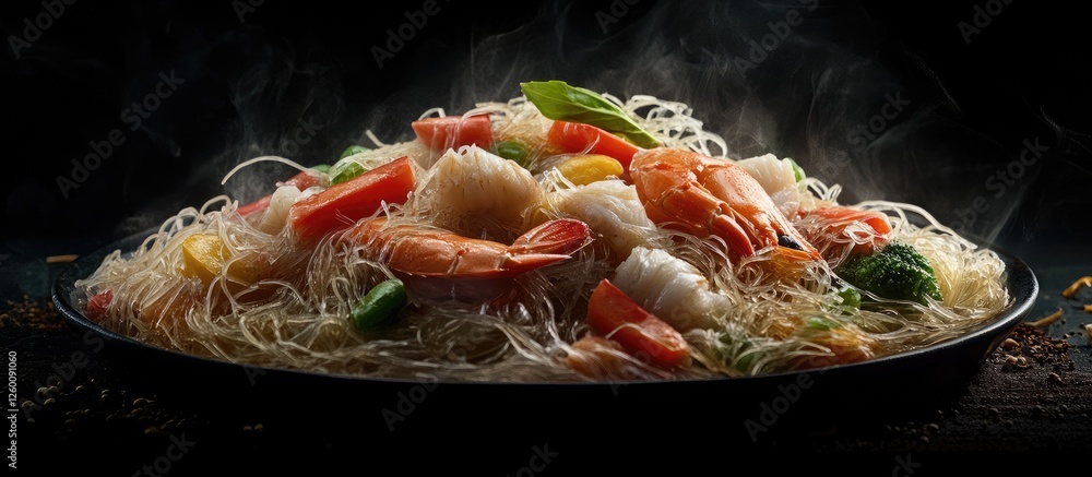 Poster seafood fried noodles with shrimp and crab sticks, garnished with colorful vegetables and herbs, pre