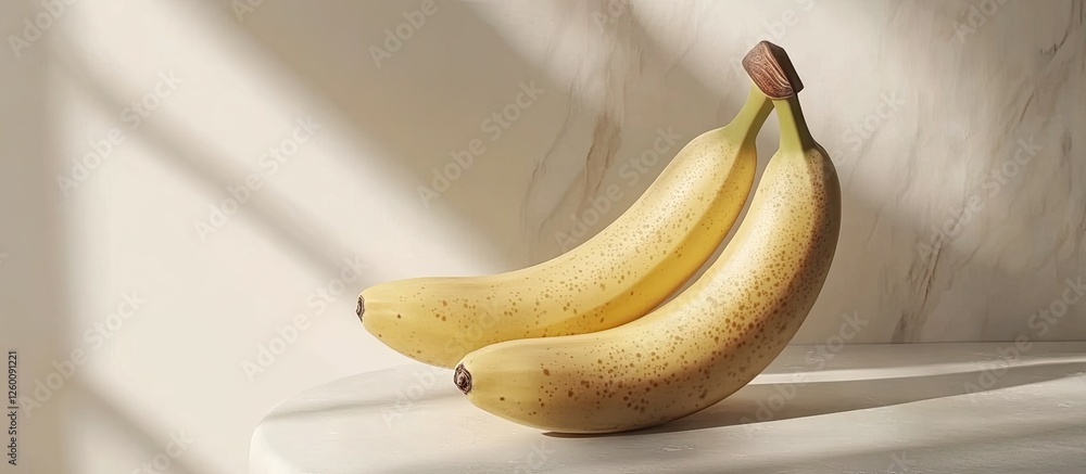 Poster ripe yellow bananas resting on a light-colored surface with soft shadows cast by natural light creat
