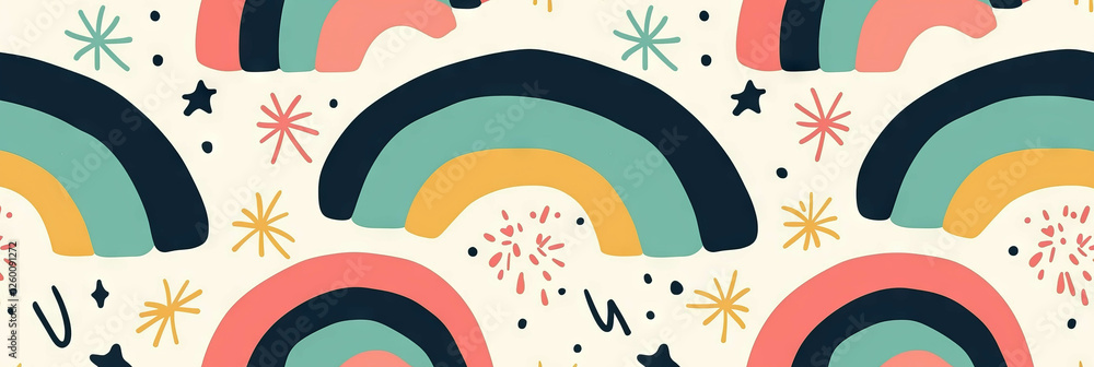 Poster colorful and cute stylized rainbows with playful shapes and varied arcs throughout the design