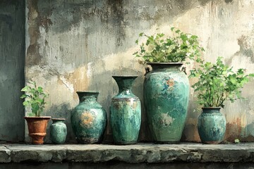 Fototapeta premium Decorative pots with plants arranged on a rustic wall at a garden location during daylight
