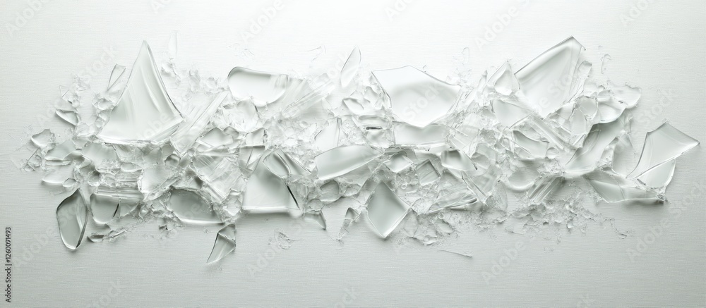 Aufkleber Scattered glass shards on a pristine white background creating a striking contrast with sharp edges and delicate transparency of the pieces.