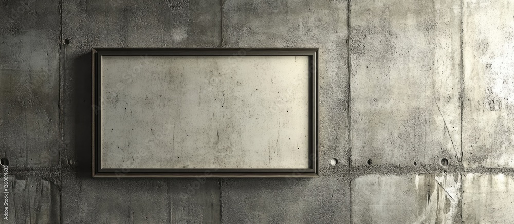 Poster blank picture frame positioned centrally on textured grey concrete wall, featuring a vintage brown b