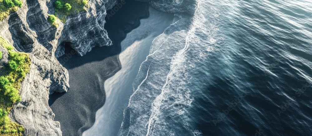 Aufkleber aerial view of a black sand beach bordered by steep green cliffs and ocean waves gently crashing aga