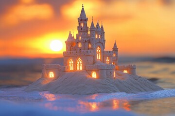 Sandcastle masterpiece glows at sunset on a beach with crashing waves