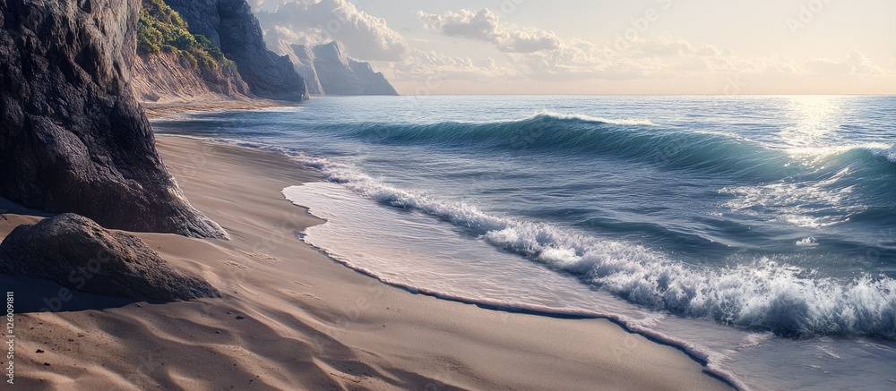 Leinwandbilder tranquil beach scene with gentle ocean waves rolling onto golden sandy shore under soft sunlight wit