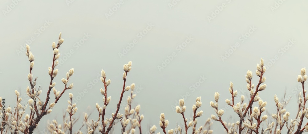 Leinwandbilder Spring branches featuring delicate buds and soft green leaves against a light pastel background, creating a tranquil and refreshing atmosphere.
