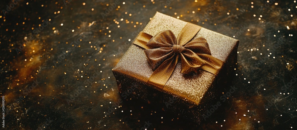 Aufkleber elegant gift box wrapped in gold ribbon resting on a glittering cosmic background with sparkling sta