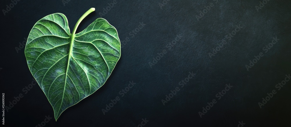 Poster banyan tree leaf prominently positioned on the left against a dark background with ample copy space 