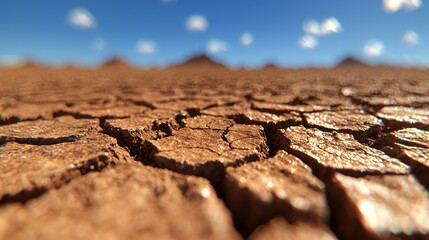Fototapeta premium Cracked desert ground, distant hills, sunny sky, drought