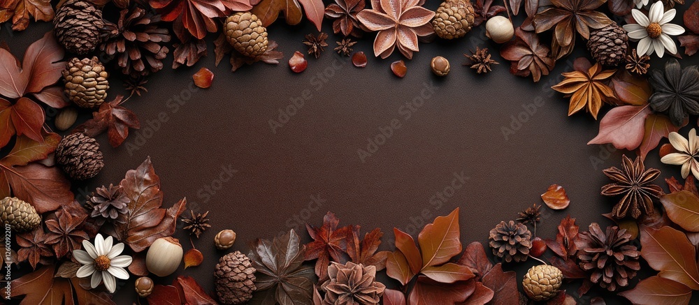 Poster autumn flat lay featuring dark brown leaves, acorns, and pine cones arranged around a central empty 