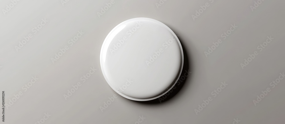 Poster minimalistic round white button badge on a smooth gray background, featuring clean edges, ideal for 